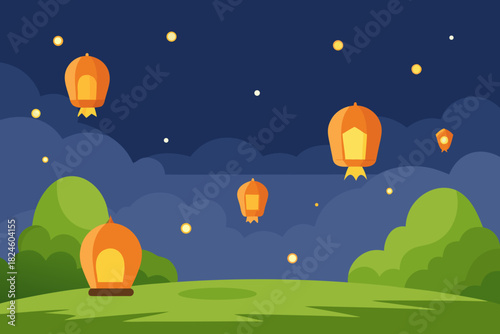 Cartoon sky lantern meadow vector illustration