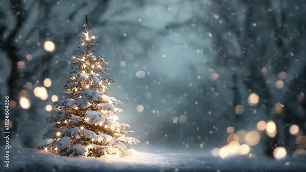 Snowy Christmas tree decorated with glowing lights stands in a peaceful ...