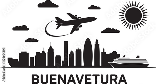 Buenaventura Skyline with Airplane and Cruise Ship. Vector black silhouette
