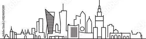 Warsaw skyline drawing Cityscape line art. Vector black silhouette