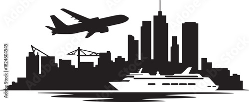 Buenaventura Skyline with Airplane and Cruise Ship. Vector black silhouette