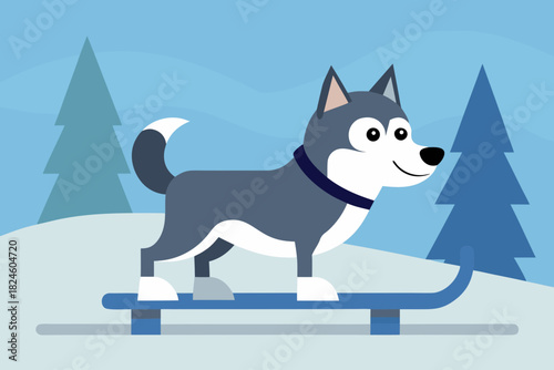 Cartoon husky sled trail vector illustration