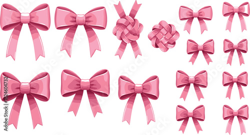 Large Vector Set of Pink Ribbons and Decorative Bows in Various Sizes and Styles, Ideal for Gift Wrapping, Feminine Design, Holiday Decoration, and Celebration Graphics