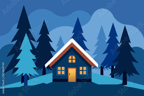 Cartoon winter cabin in deep woods vector illustration