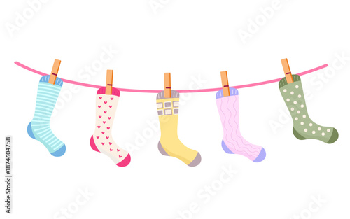 Socks set, cute socks hung on a line. Vector Illustration for printing, backgrounds and packaging. Image can be used for greeting cards, posters, stickers and textile. Isolated on white background.