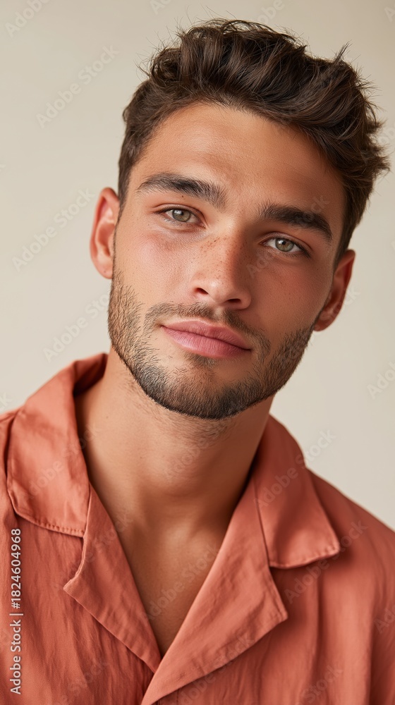 Fototapeta premium Young caucasian male with beard in casual shirt looking at camera