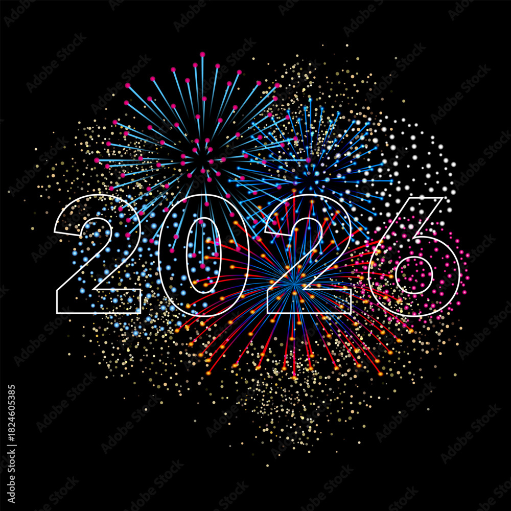Fototapeta premium 2026-carte de vœux carré avec les chiffres de la nouvelle année superposé à un feu d’artifice multicolor.
