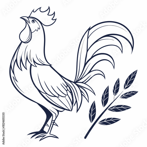 Elegant Line Art Rooster with Laurel Branch on White Background cock bird