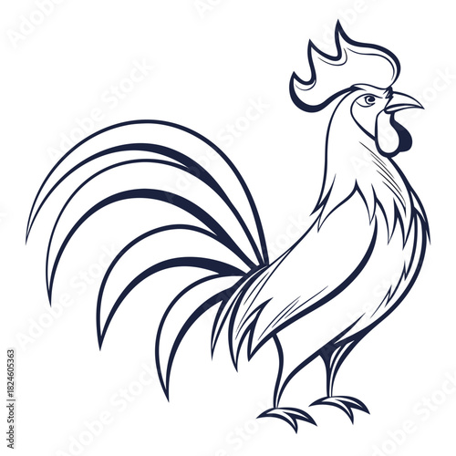 Stylized Line Art Rooster with Large Tail Feathers on White Background cock bird