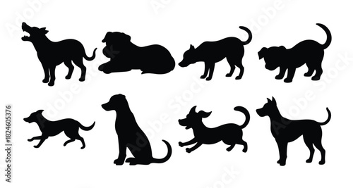 Black vector silhouettes of a set of pet dogs and other farm and wild animals illustration collection