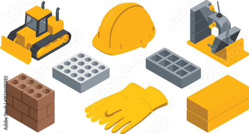 Isometric construction tools illustration, bulldozer, safety helmet, gloves, bricks, cement blocks, building equipment, industrial machinery, construction materials, workplace safety gear