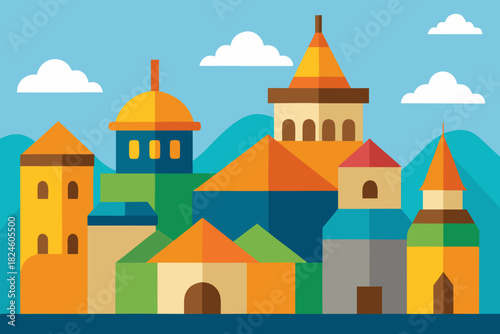Cartoon temple town rooftops vector illustration
