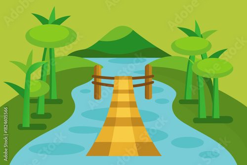 Cartoon bamboo walkway over a stream vector illustration