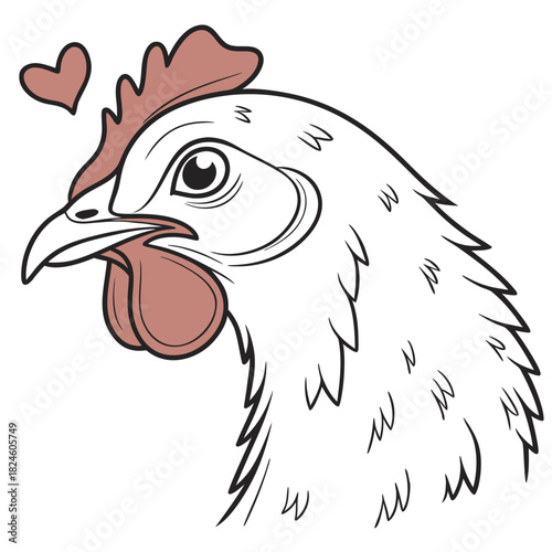 Cartoon hen head with open eyes and two heart symbols above chicken bird