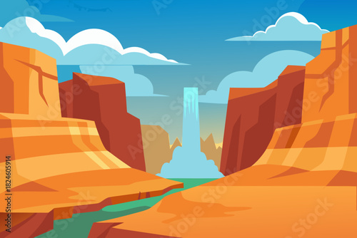 Cartoon desert canyon waterfall vector illustration