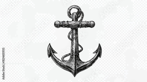 Detailed vintage anchor illustration with rope, classic nautical maritime symbol, hand drawn sketch engraving style.