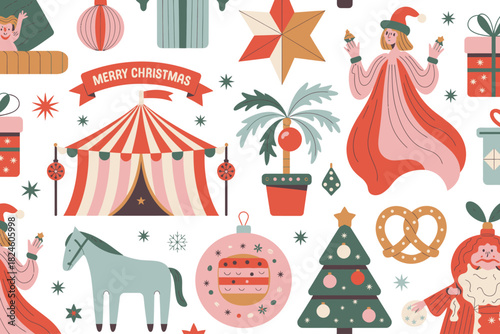 Whimsical Christmas Illustration Set – Festive Circus Tent, Ornaments, Characters, Gifts & Holiday Decorations.