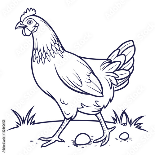 Hen Walking with Eggs on Grassy Ground on White Background Keywords: chicken, hen, poultry, bird
