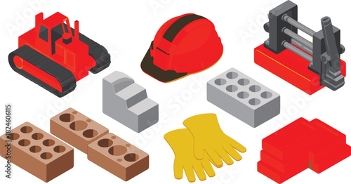 Isometric construction tools illustration, bulldozer, safety helmet, gloves, bricks, cement blocks, building equipment, industrial machinery, construction materials, workplace safety gear
