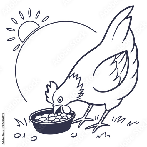 Cartoon chicken eating from a bowl in the sun Keywords: chicken, hen, bird, poultry, farm