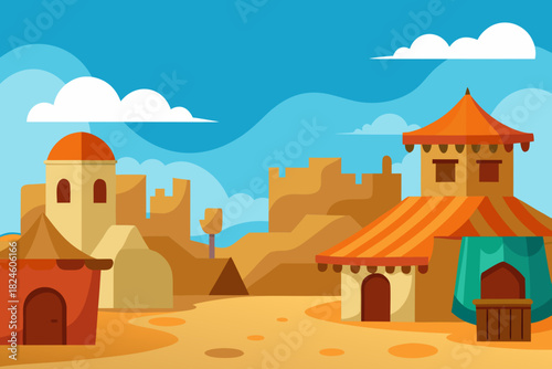 Cartoon desert village marketplace vector illustration