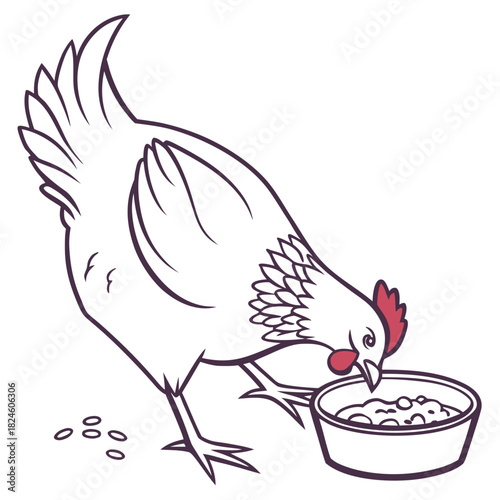 Outline of a hen eating from a food bowl with red comb Keywords: chicken, hen, bird, poultry