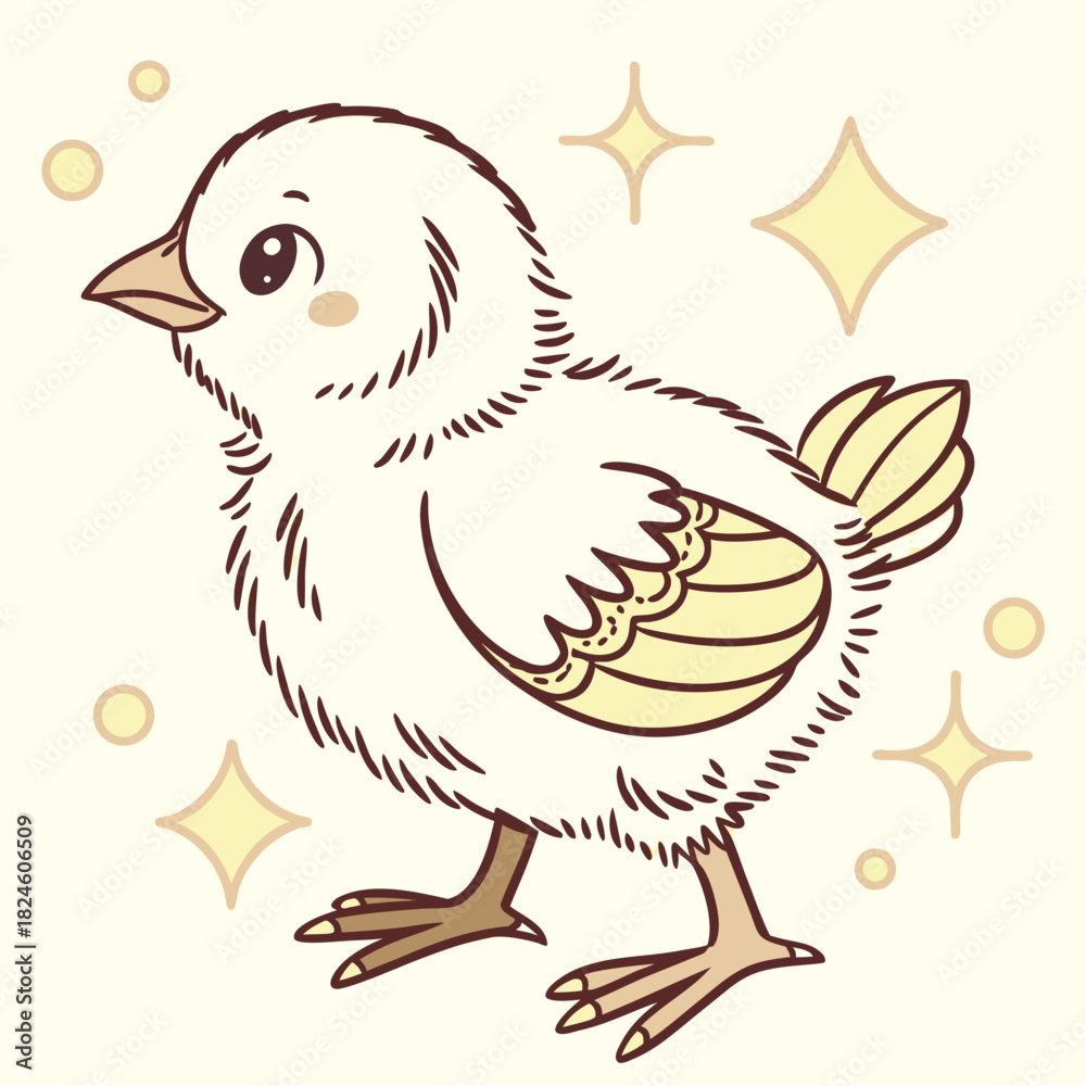 Fototapeta premium Cute cartoon yellow chick with sparkles and circles Keywords: chick, chicken, bird, animal, cute