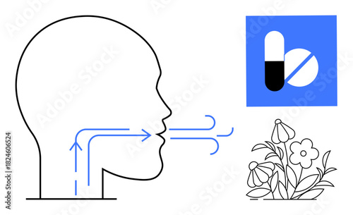 Profile of a human head with inhalation arrows, medical capsule icon, and floral elements. Ideal for healthcare, medicine, wellness, herbal remedies, respiratory health, nature therapy