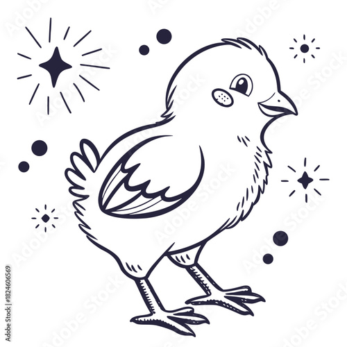 Hand- Drawn Chick with Sparkles and Dots on White Background chicken bird