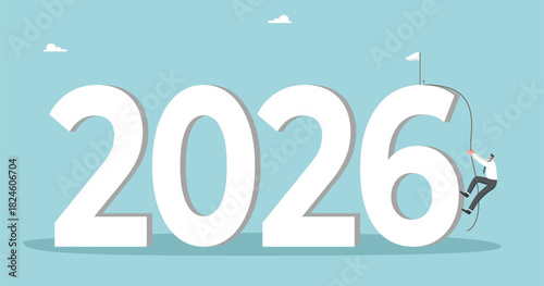 Strategic planning for achieving success in new year 2026, creative approach to solving unfinished business in outgoing year, setting business goals for coming year, man climbs rope to 2026.