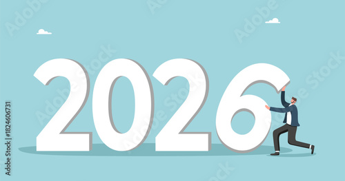 Strategic planning to develop strategy to achieve business or financial goals in new year 2026, brainstorming for success, creative ideas to achieve high results, man raise the number 6 for 2026.