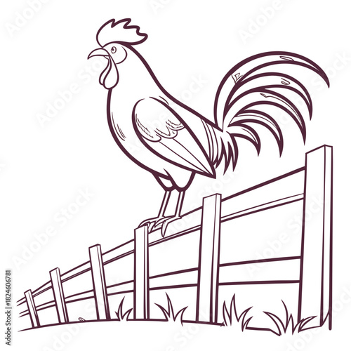 Cartoon Rooster Crowing on a Wooden Fence Line Drawing Keywords: rooster, chicken, bird, farm