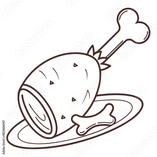 Outline of a Cooked Chicken Leg on a Plate with Bone poultry meat