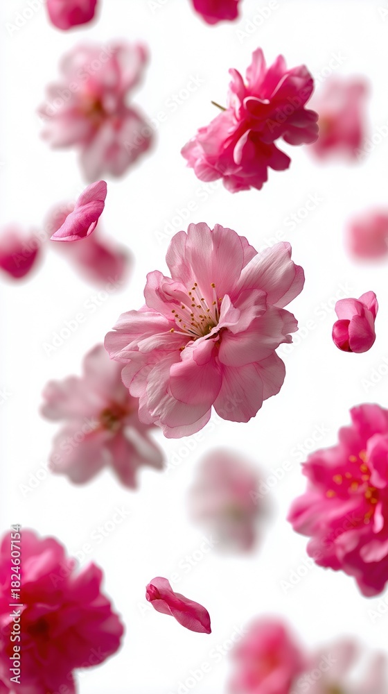 Fototapeta premium Vibrant pink flowers in mid-air against white background