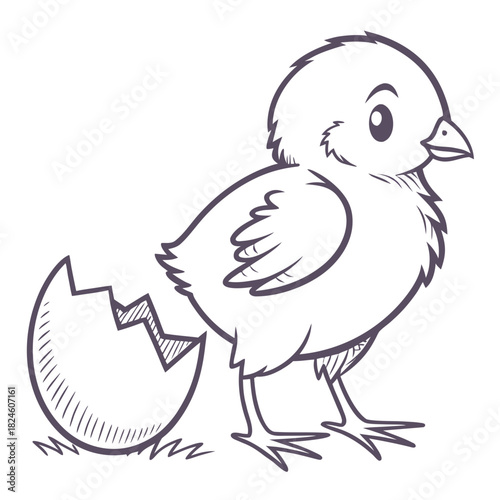 Newly hatched chick next to a broken eggshell chicken bird