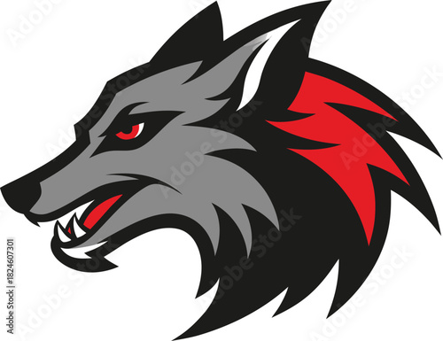 Stylized wolf head mascot logo with red eyes and fierce expression