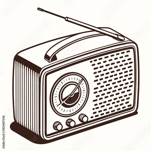 Retro portable radio with antenna and dial on white background vintage music