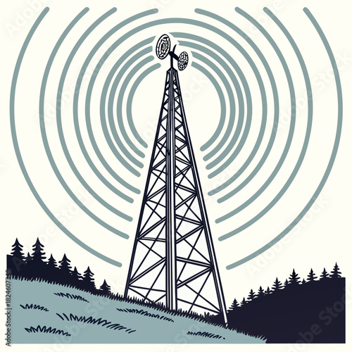 Radio tower on hill with signal waves and pine trees communication broadcast