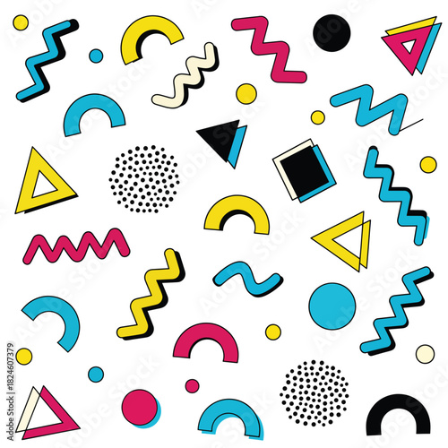 Abstract geometric background with colorful shapes and elements in a retro 80s or 90s Memphis design style, a vibrant vector pattern