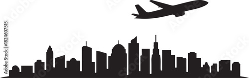 Evry Skyline with Airplane Travel Icon. Vector black silhouette