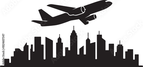 Evry Skyline with Airplane Travel Icon. Vector black silhouette