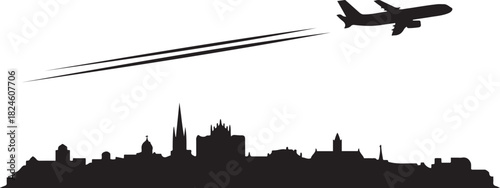 Chateauroux Skyline with Airplane and Contrail. Vector black silhouette