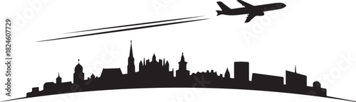 Chateauroux Skyline with Airplane and Contrail. Vector black silhouette