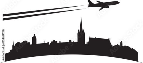 Chateauroux Skyline with Airplane and Contrail. Vector black silhouette