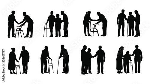 Elderly care assistance silhouettes isolated on white background, Vector