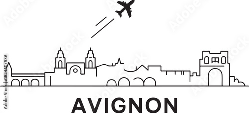Avignon Skyline Line Drawing with Airplane Icon. Vector black silhouette