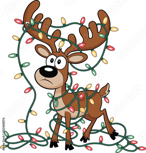 Cartoon Reindeer Gets Tangled in String of Decorative Lights and Looks Annoyed