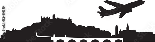 Besancon Skyline Cityscape Airplane Travel Icon. Vector black silhouette