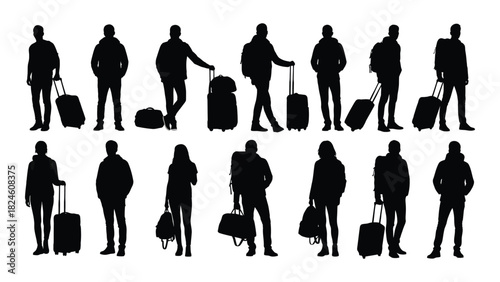 Travelers silhouettes with luggage isolated on white background, Vector
