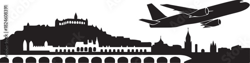 Besancon Skyline Cityscape Airplane Travel Icon. Vector black silhouette